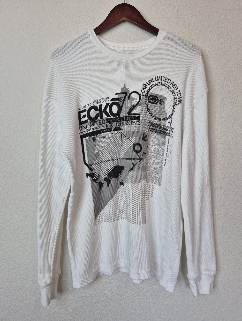Ecko Unltd White Thermal Long Sleeve Graphic Tee Vintage Y2K Streetwear Large